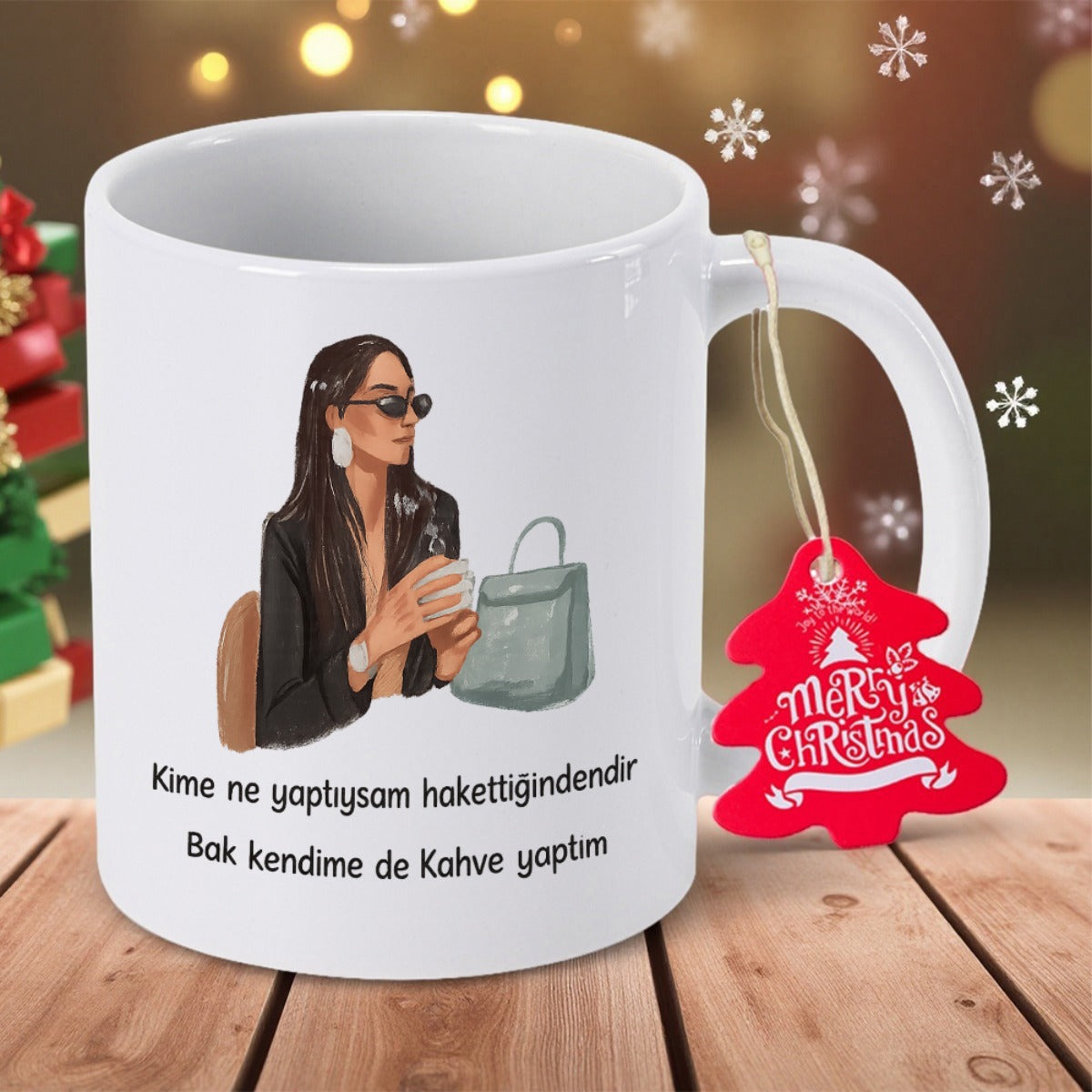 Tailorly White Ceramic 11 oz Mug - Merry Christmas Elegant Fashionable Woman Wearing Sunglasses Holding Coffee With Handbag Woman