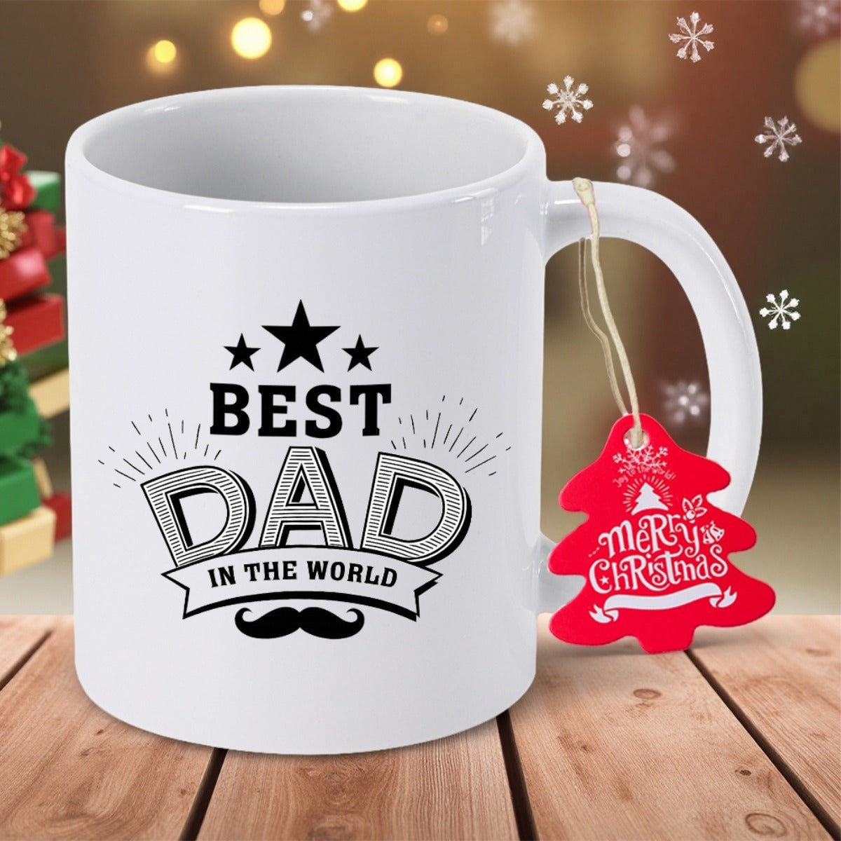 Tailorly White Ceramic 11 oz Mug - Best Dad In The World Minimalist Black Graphics With Decorative Stars And Stylish Mustache Mug