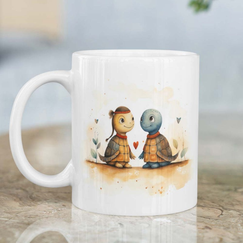 Tailorly White Ceramic 11 oz Mug - Two Adorable Watercolor Turtles Sharing A Tiny Red Heart Romantic Love Turtle