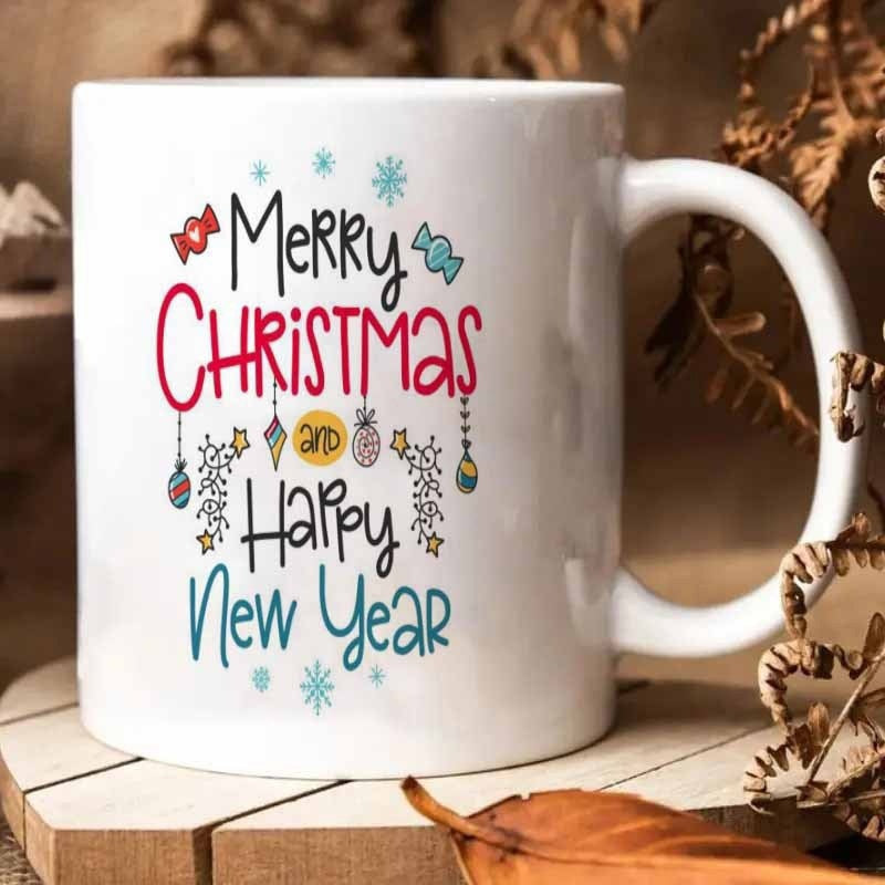 Tailorly White Ceramic 11 oz Mug - Merry Christmas And Happy New Year Festive Seasonal Ornaments Surrounded By Snowflakes And Sweet Candies Mug