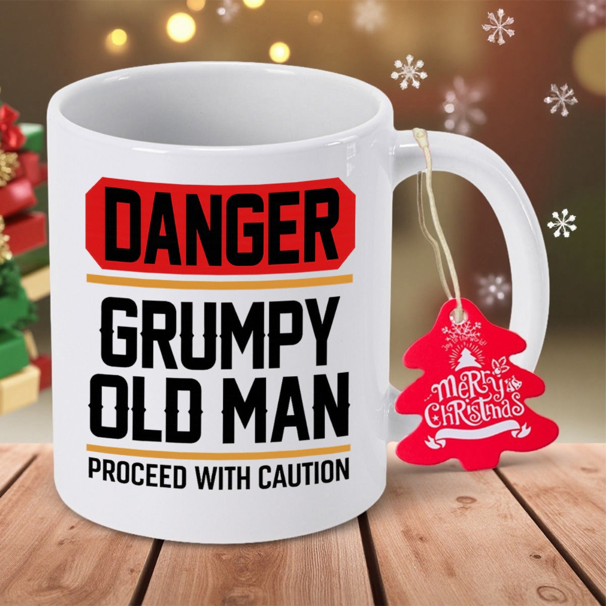 Tailorly White Ceramic 11 oz Mug - Danger Grumpy Old Man Proceed With Caution Merry Christmas Ceramic Cup With Festive Red Hanging Tree Shaped Tag Decoration Mug