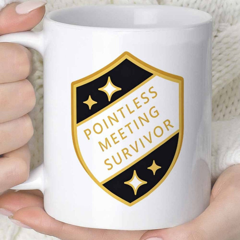 Tailorly White Ceramic 11 oz Mug - Pointless Meeting Survivor Golden Crest Emblem Featuring Sparkling Stars And Polished Metallic Shield