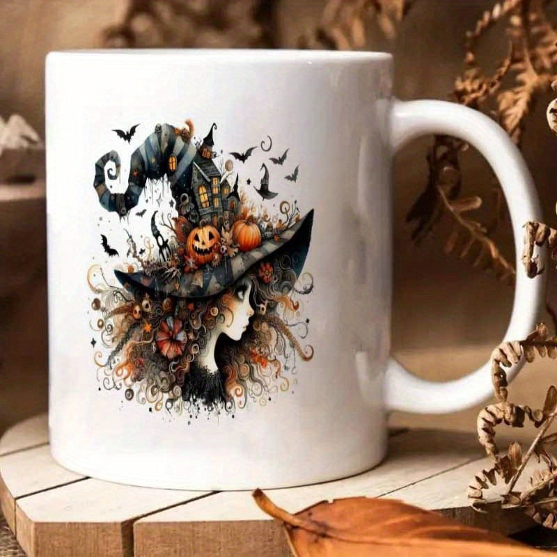 Tailorly White Ceramic 11 oz Mug - Gothic Halloween Scene Featuring Haunted House Hat With Flying Bats Witch