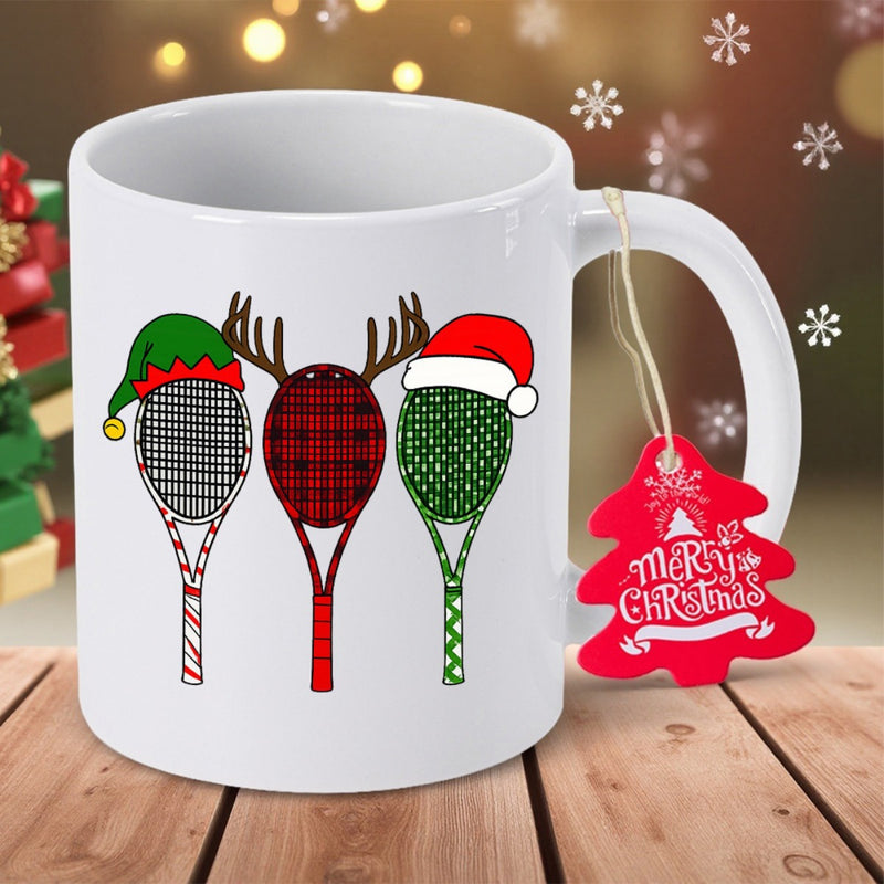 Tailorly White Ceramic 11 oz Mug - Merry Christmas Festive Tennis Rackets Wearing Red Santa Hats And Brown Reindeer Antlers Racket