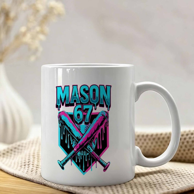 Tailorly White Ceramic 11 oz Mug - Mason 67 Dripping Vibrant Color Artistic Style Depicting Two Crossed Sports Baseball Bat