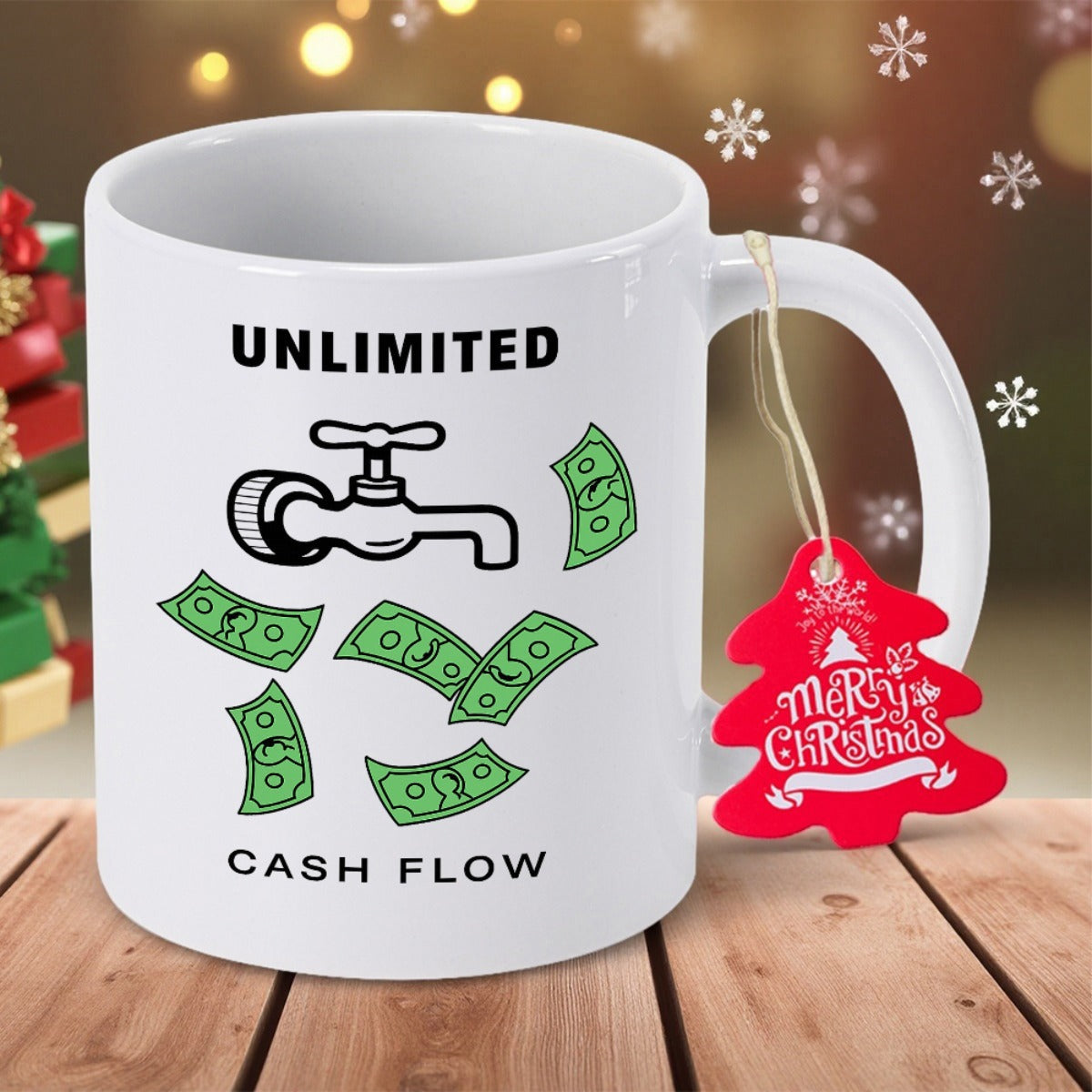 Tailorly White Ceramic 11 oz Mug - Unlimited Cash Flow Minimalist Water Tap With Floating Paper Money Bills Pouring Out Faucet