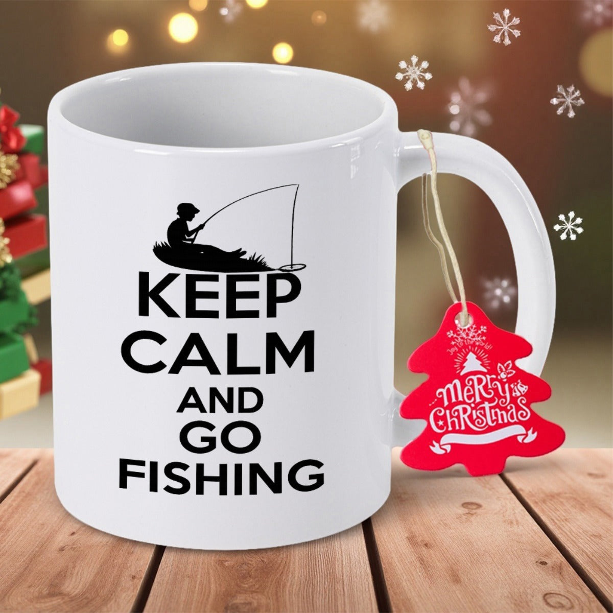 Tailorly White Ceramic 11 oz Mug - Keep Calm And Go Fishing Black Silhouette Of A Man In A Boat Fishing Peacefully Fisherman