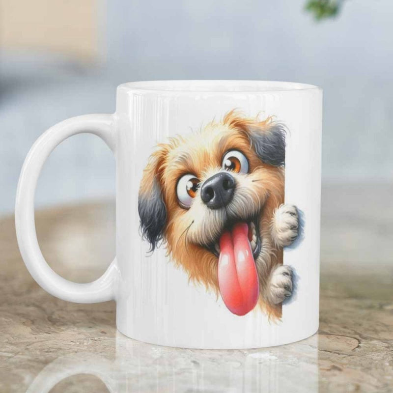 Tailorly White Ceramic 11 oz Mug - Playful Brown Furry Puppy Peeking From Edge With Tongue Out Dog
