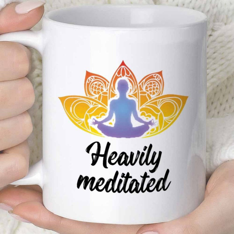 Tailorly White Ceramic 11 oz Mug - Heavily Meditated Vibrant Orange Gradient Mandala Petals With Centered Peaceful Meditation Silhouette Lotus