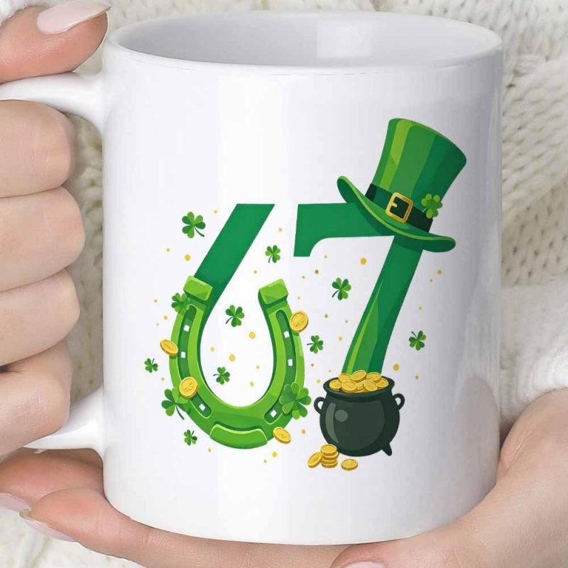 Tailorly White Ceramic 11 oz Mug - 67 Green Festive Elements With Golden Coins And Leprechaun Hat Lucky Horseshoe