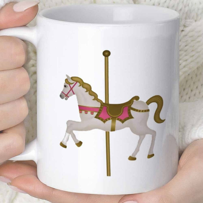 Tailorly White Ceramic 11 oz Mug - Elegant Vintage Carousel Horse With Golden Pole And Pink Saddle Horse