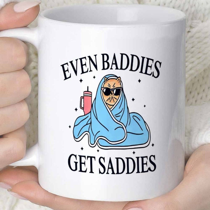 Tailorly White Ceramic 11 oz Mug - Even Baddies Get Saddies Grumpy Feline Wrapped In Cozy Blue Blanket Wearing Cool Sunglasses Cat