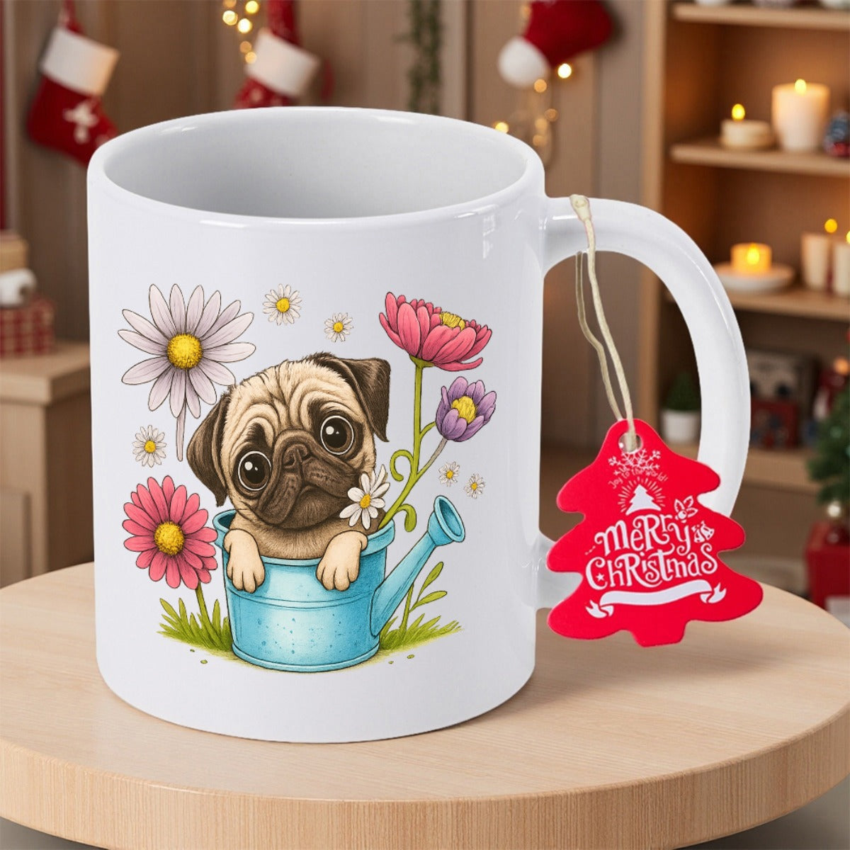 Tailorly White Ceramic 11 oz Mug - Merry Christmas Adorable Dog Sitting Inside Blue Watering Can Surrounded By Colorful Blooming Flowers Pug