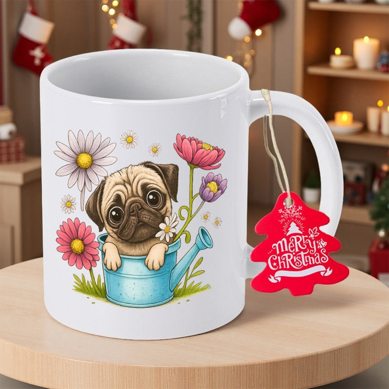 Tailorly White Ceramic 11 oz Mug - Merry Christmas Adorable Dog Sitting Inside Blue Watering Can Surrounded By Colorful Blooming Flowers Pug