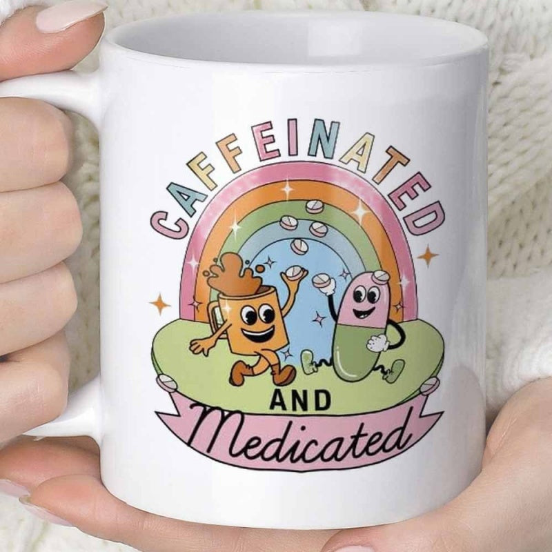 Tailorly White Ceramic 11 oz Mug - Caffeinated And Medicated Retro Cartoon Characters Dancing Under A Colorful Arched Rainbow Mug
