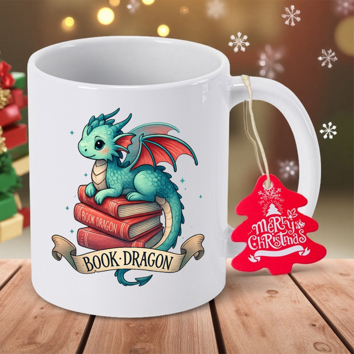 Tailorly White Ceramic 11 oz Mug - Book Dragon Adorable Green Creature Perched On Stacked Red Magical Literature Dragon