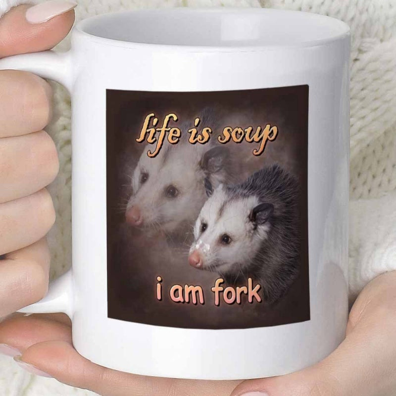 Tailorly White Ceramic 11 oz Mug - Life Is Soup I Am Fork Two Adorable Opossums Staring Forward Against A Dark Hazy Atmospheric Background Opossum