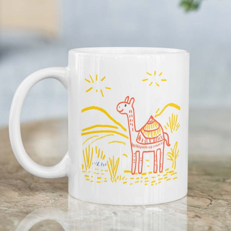 Tailorly White Ceramic 11 oz Mug - Hand Drawn Desert Landscape With Shining Sun And Rolling Dunes Camel
