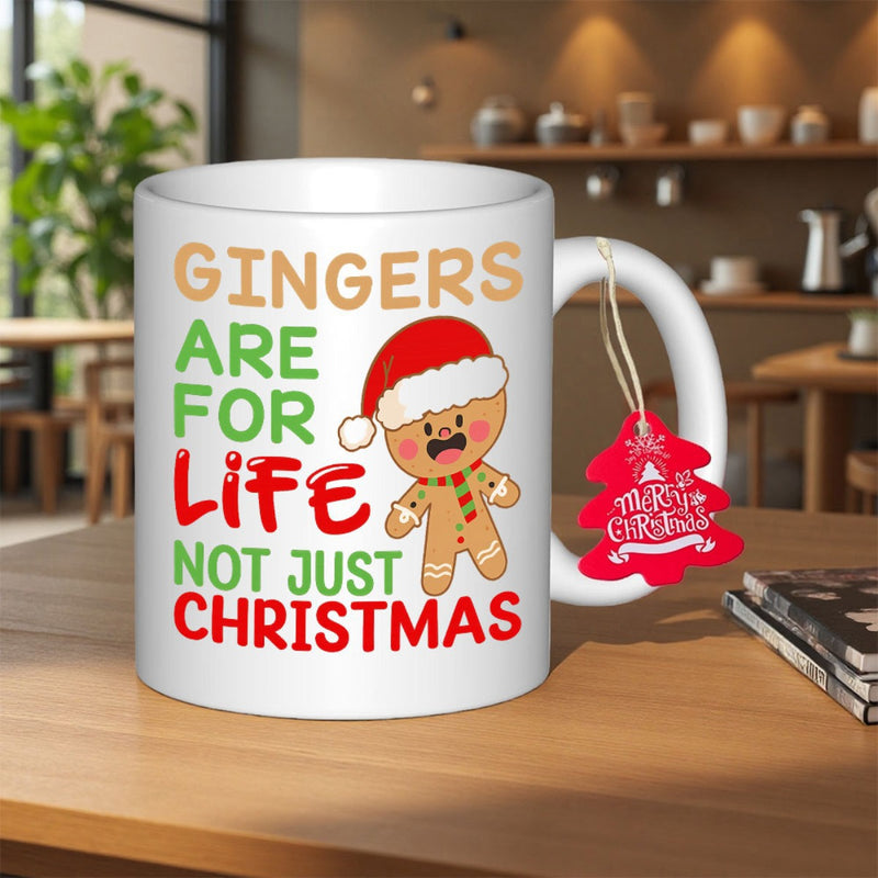 Tailorly White Ceramic 11 oz Mug - Gingers Are For Life Not Just Christmas Smiling Little Festive Character Wearing A Red Santa Hat Gingerbread Man