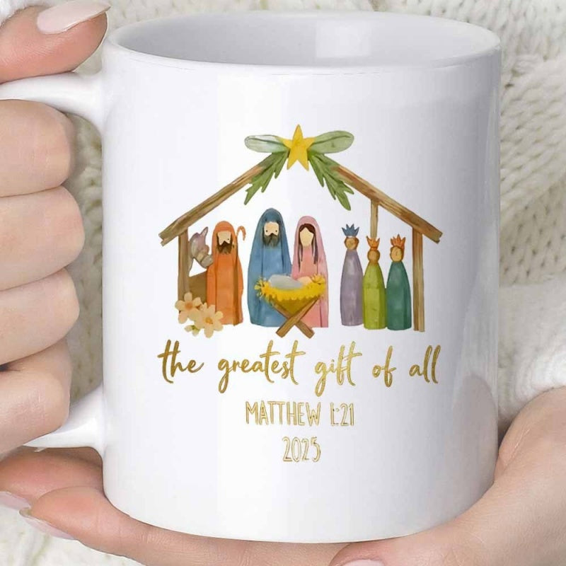 Tailorly White Ceramic 11 oz Mug - The Greatest Gift Of All Matthew 1 21 2023 Watercolor Scene Featuring Holy Family Under Wooden Stable With Star Nativity