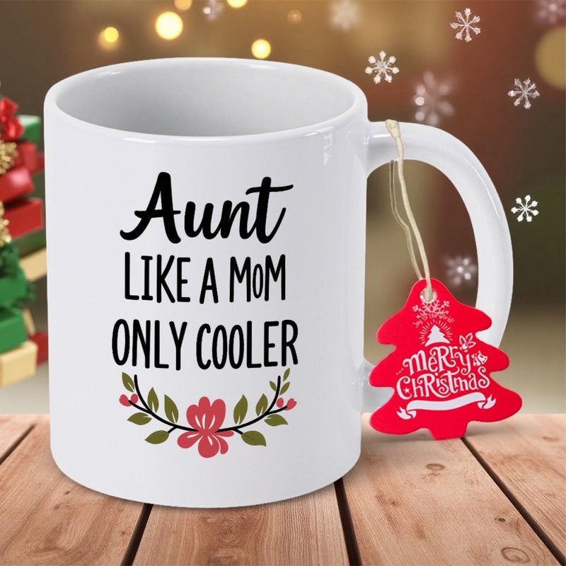 Tailorly White Ceramic 11 oz Mug - Aunt Like A Mom Only Cooler Elegant Hand Drawn Floral Wreath With Green Leaves And Pink Blossoms Wreath