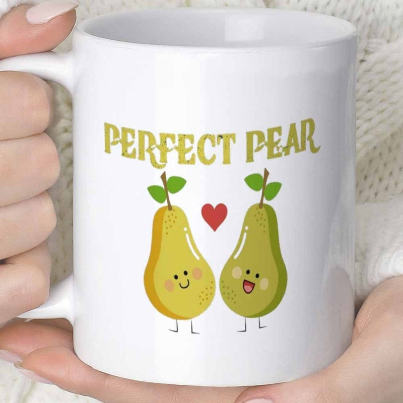 Tailorly White Ceramic 11 oz Mug - Perfect Pear Two Cute Smiling Cartoon Fruit Characters With A Small Red Heart Pears
