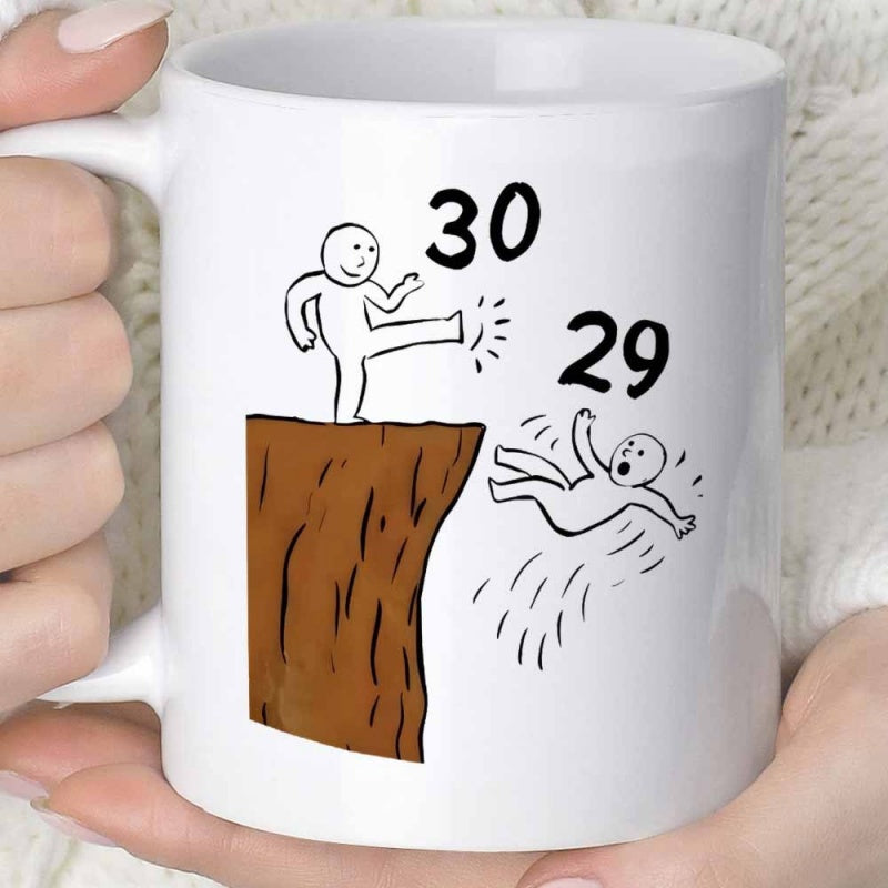 Tailorly White Ceramic 11 oz Mug - 30 29 Minimalist Stick Figure Kicking Falling Person From Steep Brown Cliff Man