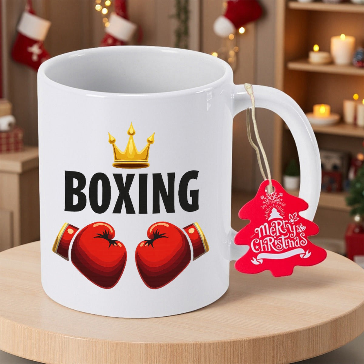 Tailorly White Ceramic 11 oz Mug - Boxing Red Professional Padded Gear With Golden Crown Under Sporting Spirit Theme Boxing Gloves