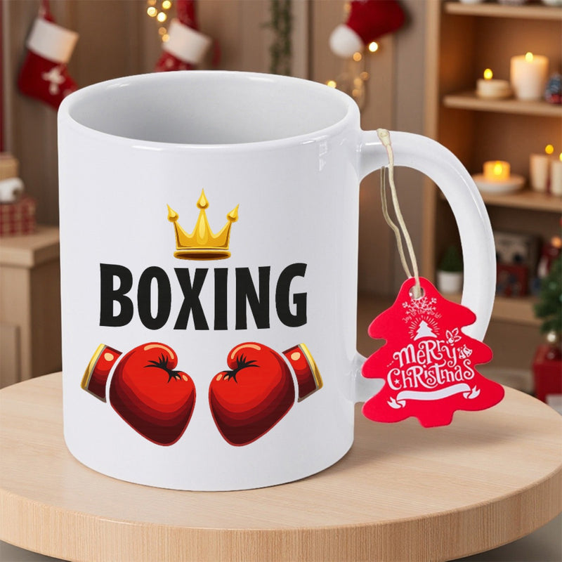 Tailorly White Ceramic 11 oz Mug - Boxing Red Professional Padded Gear With Golden Crown Under Sporting Spirit Theme Boxing Gloves
