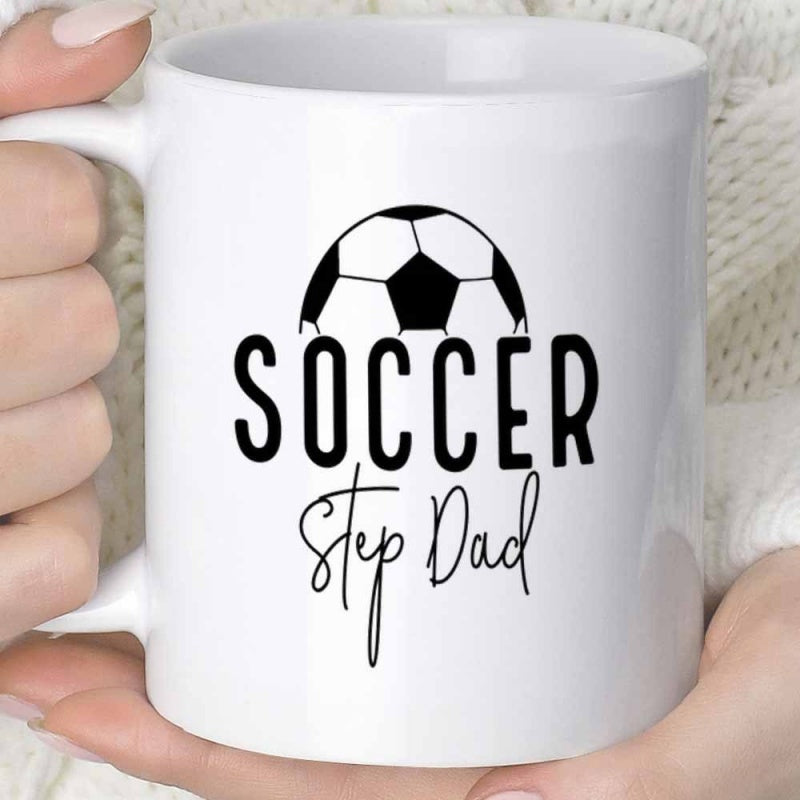 Tailorly White Ceramic 11 oz Mug - Soccer Step Dad Minimalist Black Ink Drawing Of A Half Stylized Soccer Ball