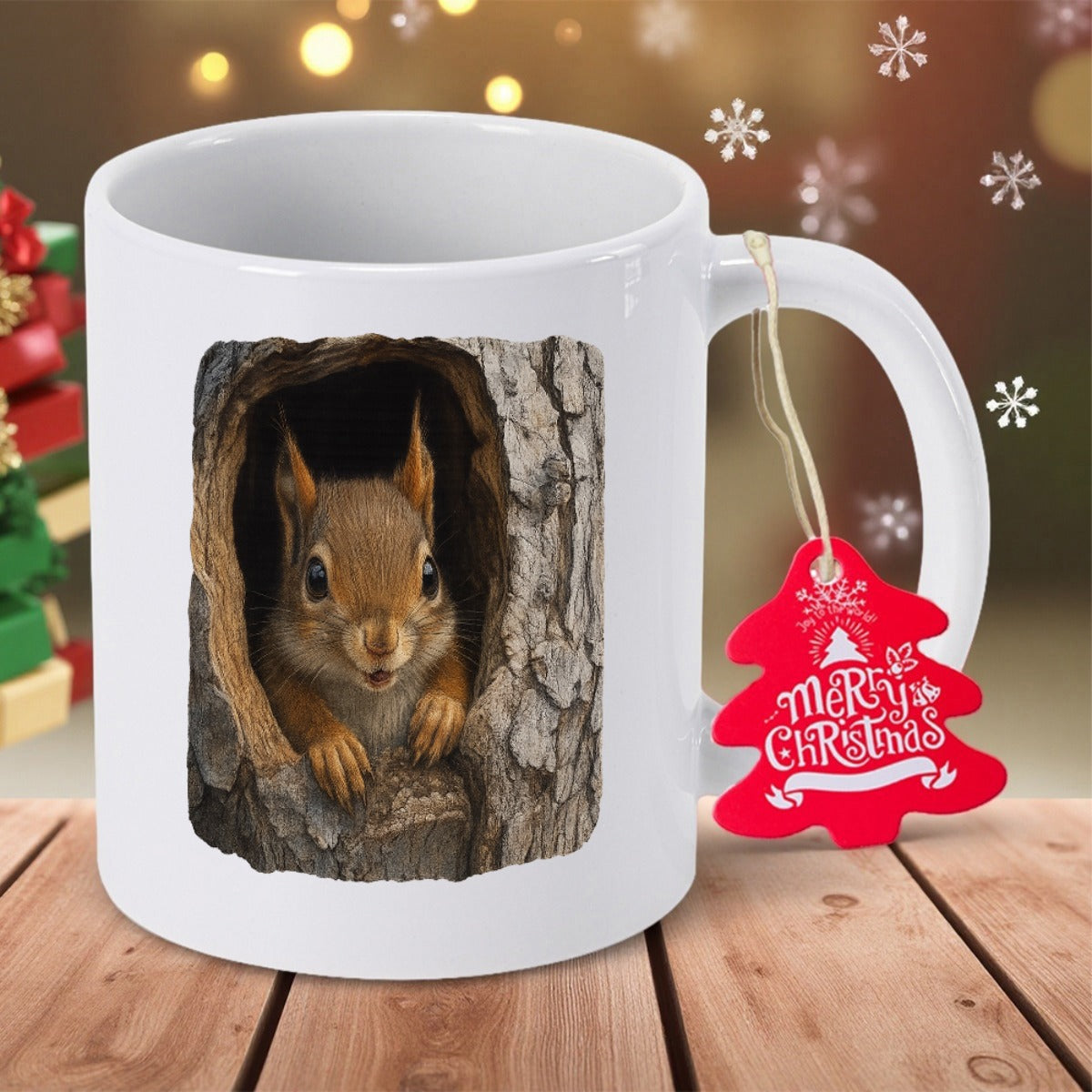 Tailorly White Ceramic 11 oz Mug - Merry Christmas Adorable Little Creature Peeking Out From A Textured Tree Trunk Squirrel