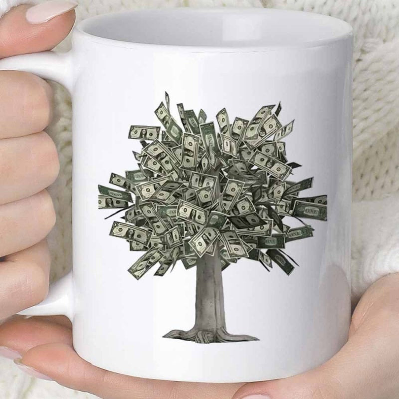 Tailorly White Ceramic 11 oz Mug - Majestic Branches Full Of American Dollar Bills Representing Wealth And Prosperity Tree