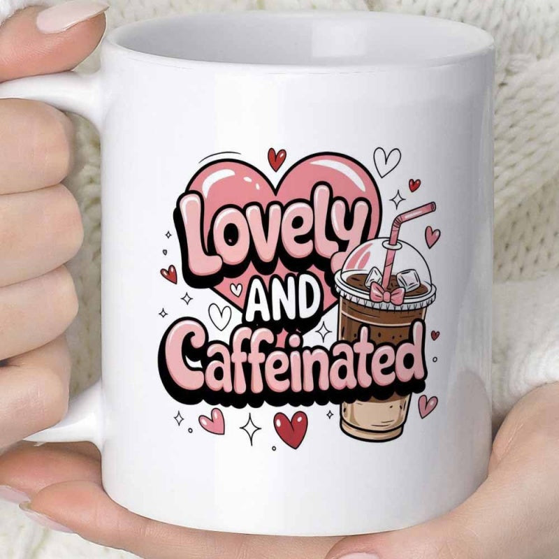 Tailorly White Ceramic 11 oz Mug - Lovely Caffeinated Vibrant Pink Hearts With Sparkling Stars Surrounding A Refreshing Iced Coffee Cup