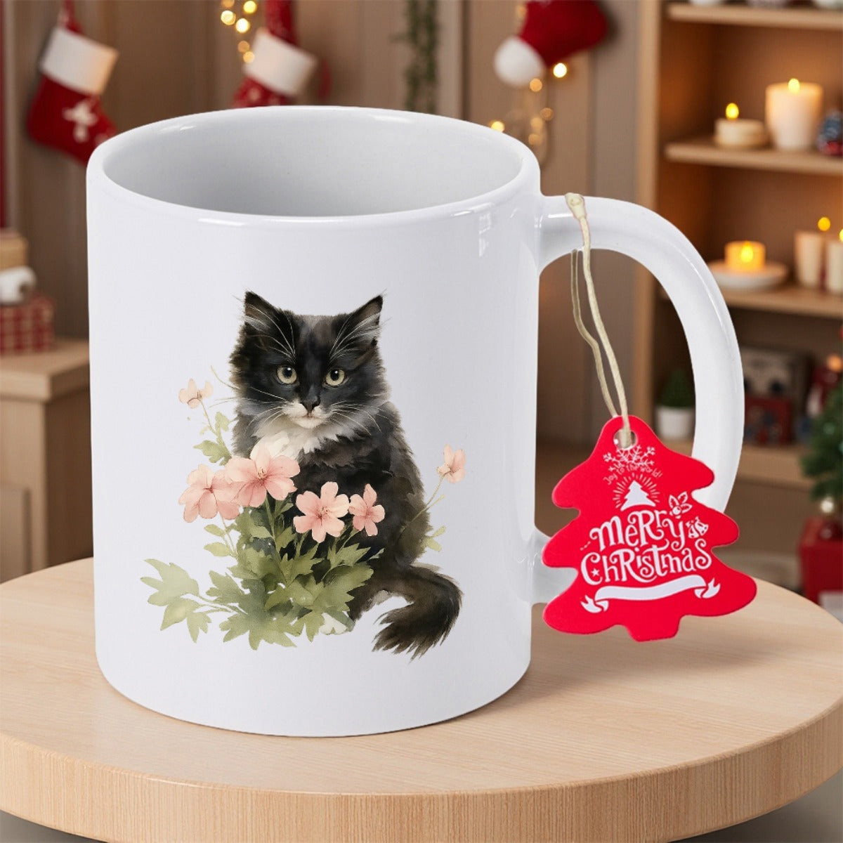 Tailorly White Ceramic 11 oz Mug - Merry Christmas Elegant Long Haired Black And White Cat Hidden Among Pink Blossoms Cat