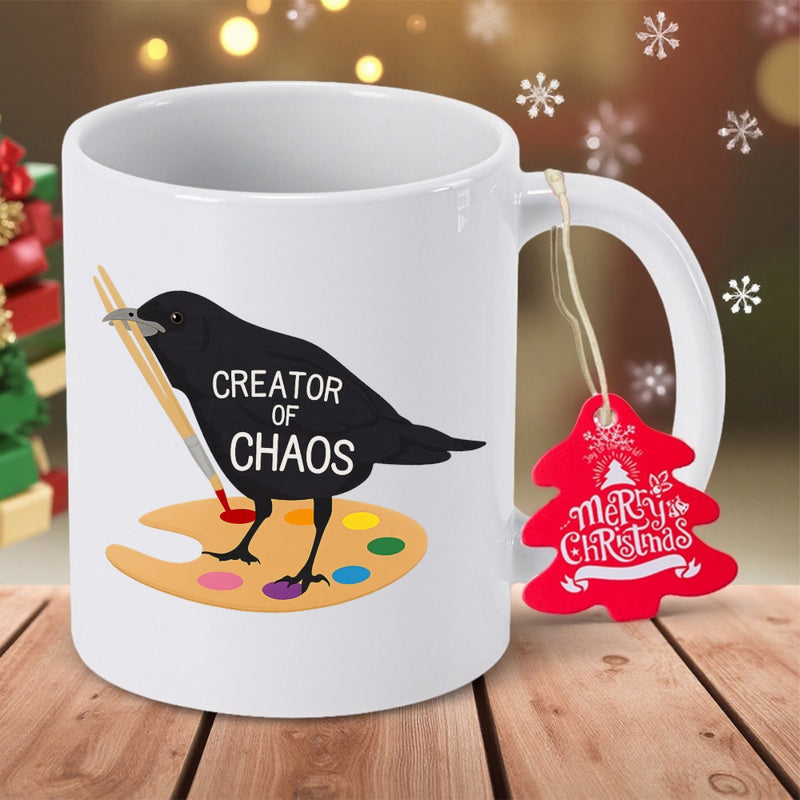 Tailorly White Ceramic 11 oz Mug - Creator Of Chaos Artistic Black Bird Standing On Paint Palette Holding Paintbrush Crow