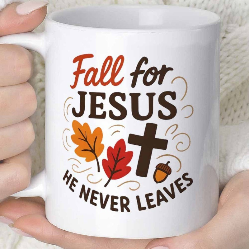 Tailorly White Ceramic 11 oz Mug - Fall For Jesus He Never Leaves Warm Autumn Leaves With A Religious Cross And Tiny Acorn Mug