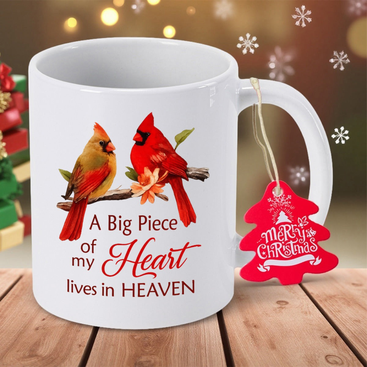 Tailorly White Ceramic 11 oz Mug - A Big Piece Of My Heart Lives In Heaven Vivid Red Cardinals Perched On A Rustic Branch With Delicate Blossoms Bird