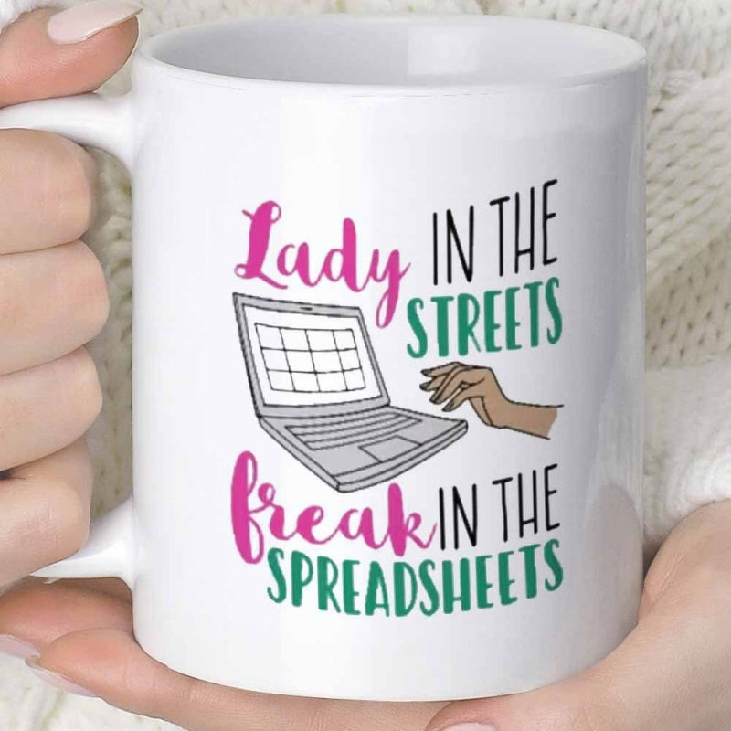 Tailorly White Ceramic 11 oz Mug - Lady In The Streets Freak In The Spreadsheets Hand Reaching Towards Open Laptop Screen Displaying A Simple Grid Layout Laptop