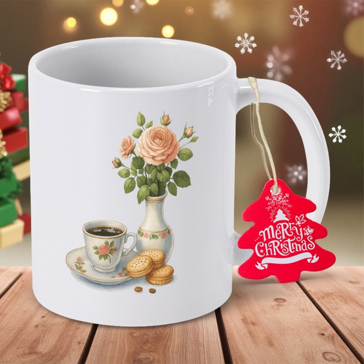 Tailorly White Ceramic 11 oz Mug - Merry Christmas Classic Still Life Scene With Peach Flowers Beside Coffee And Sweet Biscuits Rose