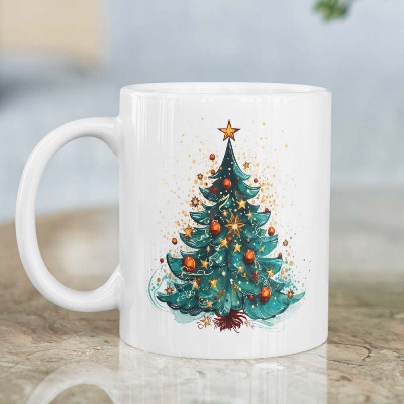 Tailorly White Ceramic 11 oz Mug - Festive Evergreen Adorned With Golden Stars And Glowing Red Baubles Tree