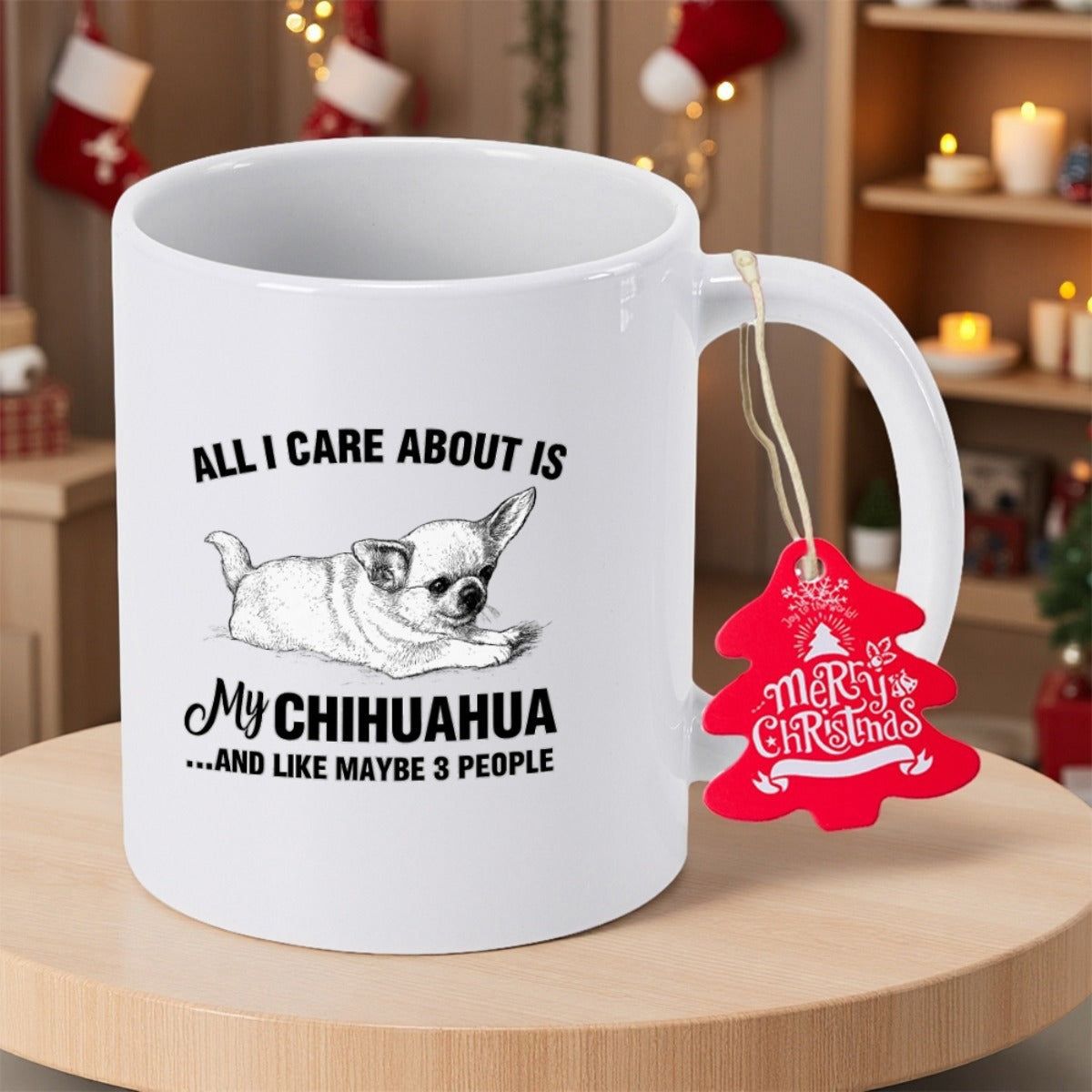 Tailorly White Ceramic 11 oz Mug - All I Care About Is My Chihuahua And Like Maybe 3 People Hand Drawn Sketch Featuring A Lying Down Small Dog With Large Ears