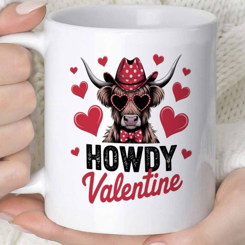 Tailorly White Ceramic 11 oz Mug - Howdy Valentine Charming Highland Cow Wearing Polka Dot Hat Surrounded By Floating Hearts Cow