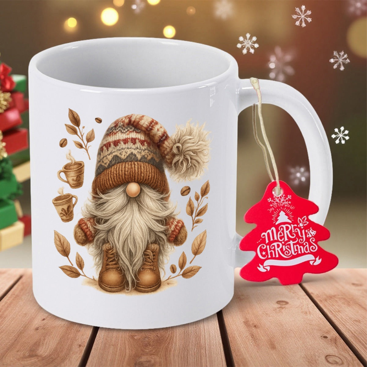 Tailorly White Ceramic 11 oz Mug - Merry Christmas Rustic Knitted Hat Wearing Boots Surrounded By Coffee Beans And Leaves Gnome