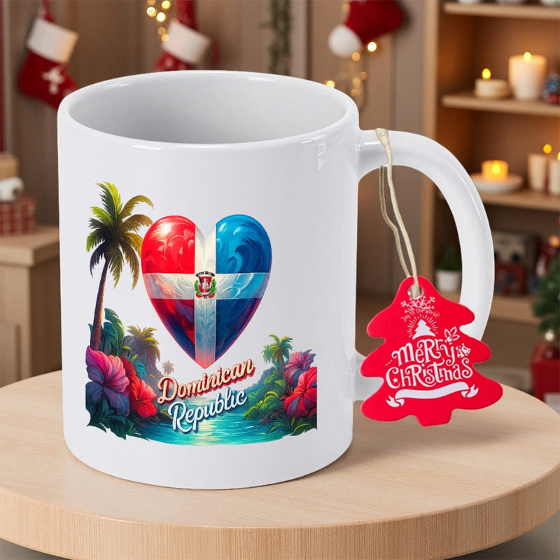 Tailorly White Ceramic 11 oz Mug - Dominican Republic Tropical Palm Trees And Exotic Flowers Surrounding National Flag Heart