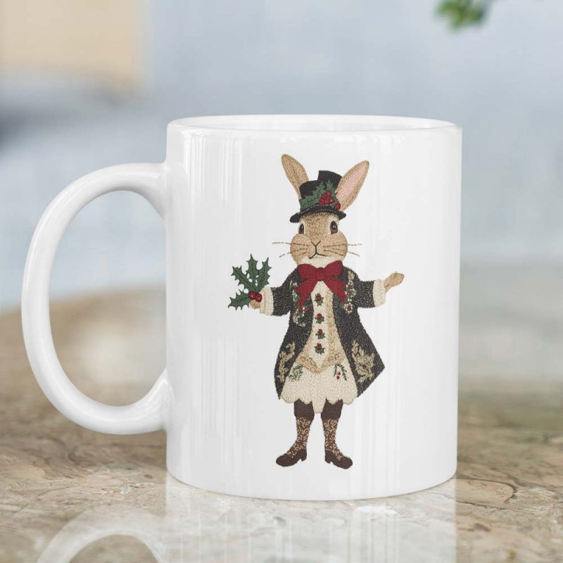 Tailorly White Ceramic 11 oz Mug - Victorian Dressed Festive Hare Holding Green Holly Sprig Wear Elegant Clothes Rabbit