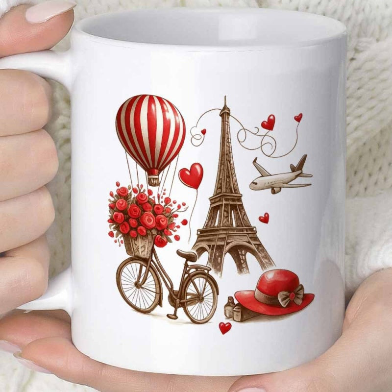 Tailorly White Ceramic 11 oz Mug - Romantic Travel Scene With Hot Air Balloon And Vintage Bicycle Eiffel Tower