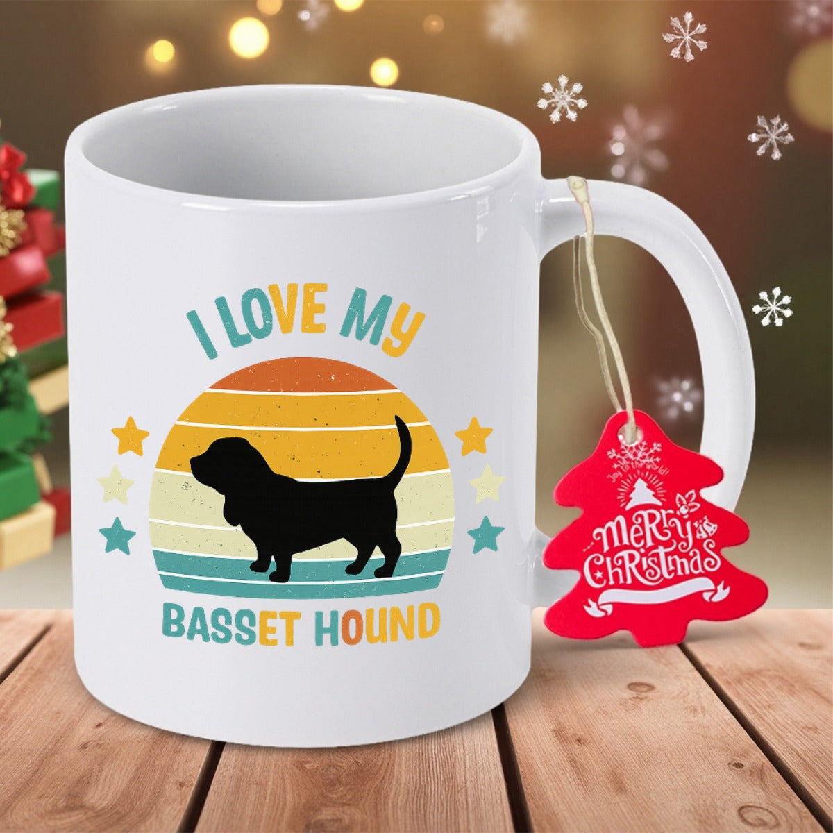 Tailorly White Ceramic 11 oz Mug - I Love My Basset Hound Retro Striped Sunset Surrounded By Tiny Colorful Stars Basset Hound