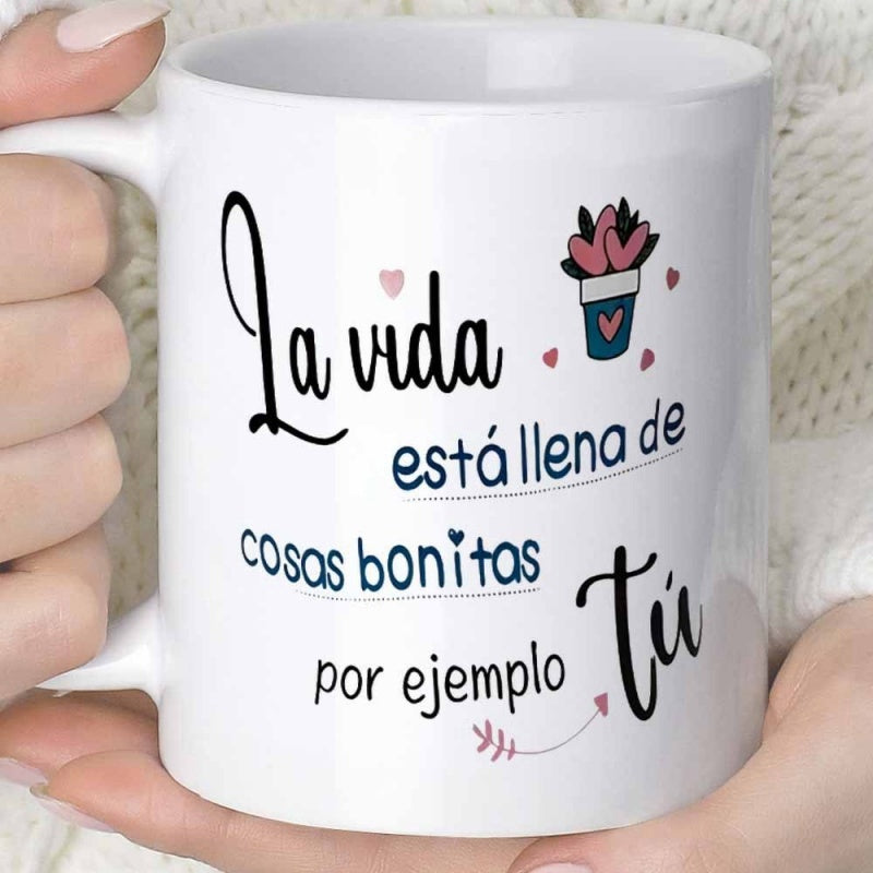 Tailorly White Ceramic 11 oz Mug - Minimalist Blue Potted Plant With Charming Pink Hearts Growing Above Flowerpot