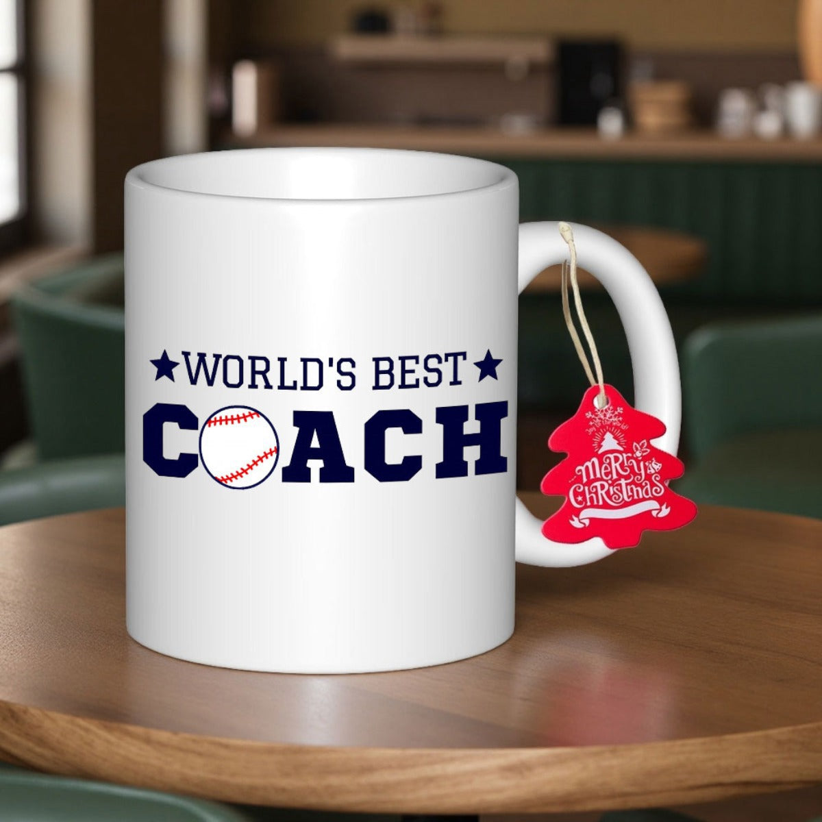 Tailorly White Ceramic 11 oz Mug - Worlds Best Coach Bold Athletic Lettering With Stars And Classic White Red Stitched Baseball