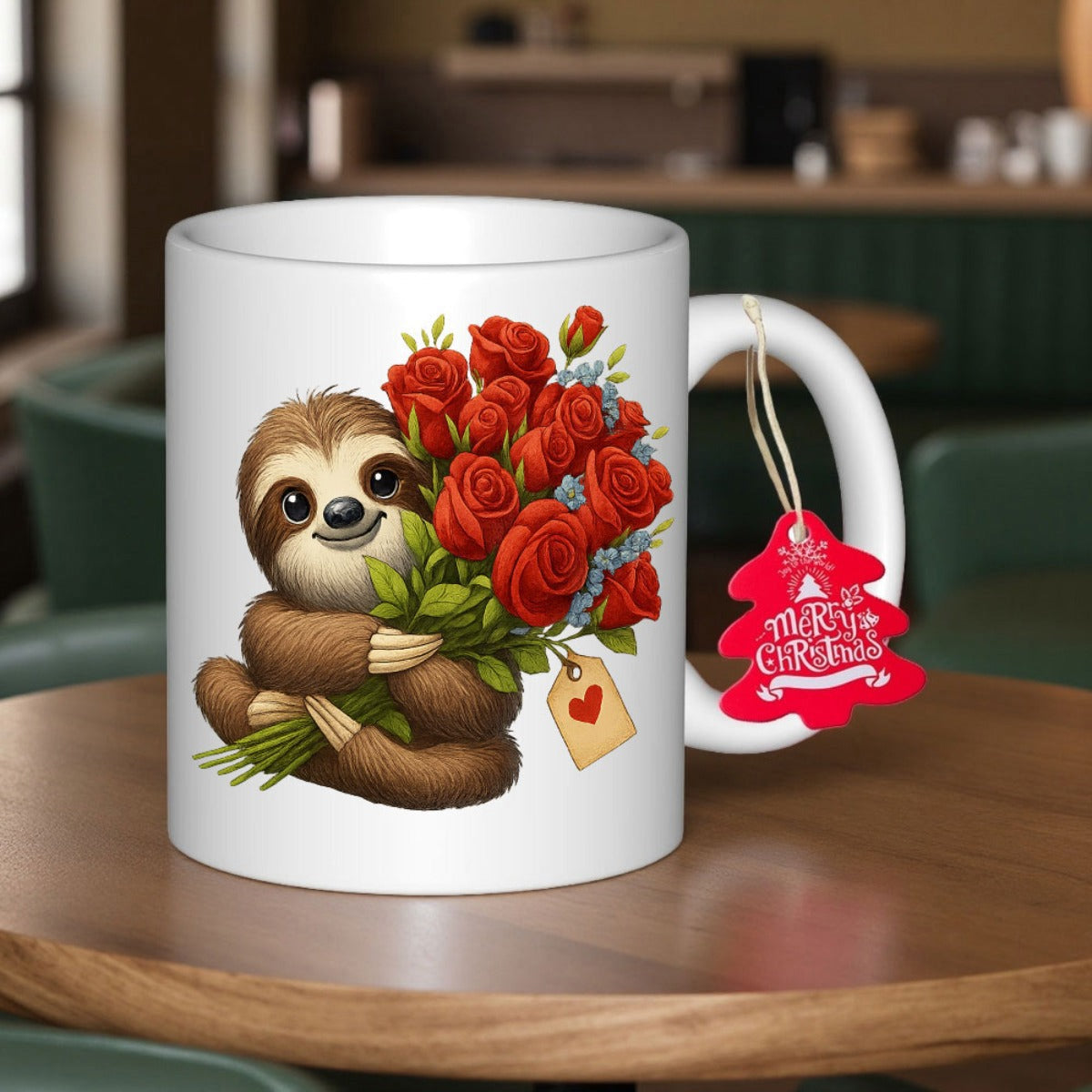 Tailorly White Ceramic 11 oz Mug - Cute Brown Sloth Holding A Large Bouquet Of Vibrant Roses Sloth